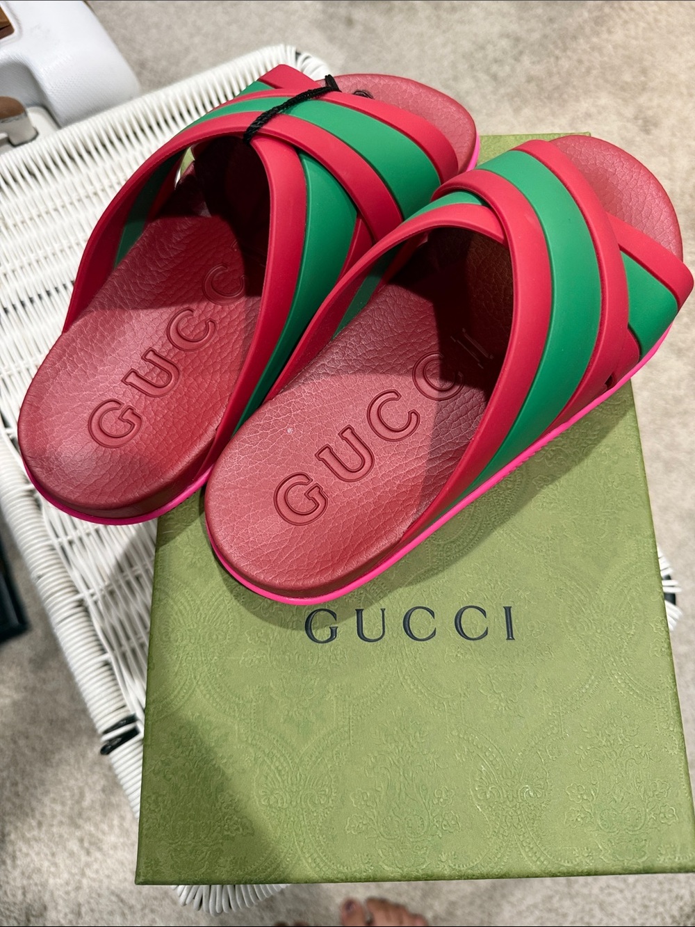 Gucci Pink and Green Crossover Logo Slide Sandals